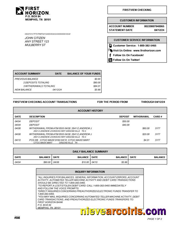 USA Tennessee First Horizon bank statement